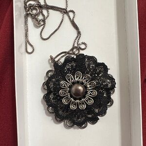 Sterling Silver Filigree Floral Pendant Necklace - Silver